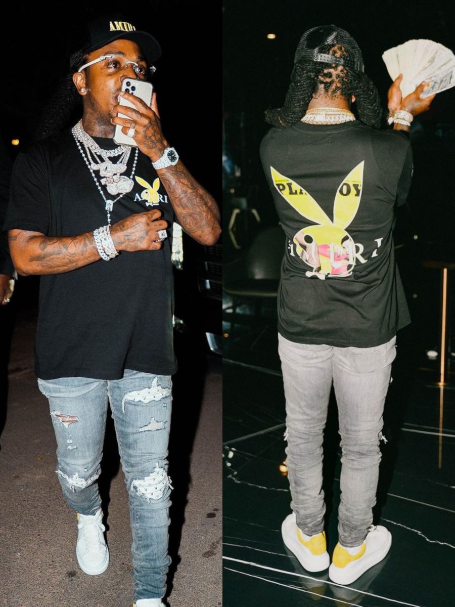 Jacquees Wearing an Amiri x Playboy Tee & Jeans With McQueen Sneakers