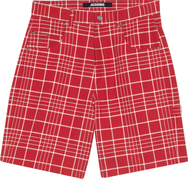 Jacquemus Red And Whtie Check Print Long Canvas Shorts