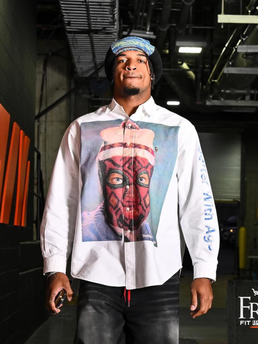 Ja'Marr Chase: Marni Knit Hood, Balaclava Print Dress Shirt & Drawstring Jeans