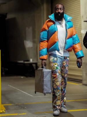 James Harden Wearing A Bottega Blue Orange Spiral Puffer With A Loewe Tee Kapital Jeans And Lanvin Sneakers