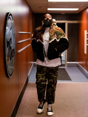 James Harden Wearing A Celine Camo Fleece Jacket And Pants With A Balenciaga Tee And Rick Owens Sneakers