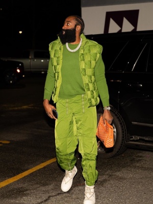 James Harden Wearing A Kapital Green Weaving Vest With A Green Sweater And Zip Trackpants Rick Owens White High Top Sneakers And A Goyard Bag