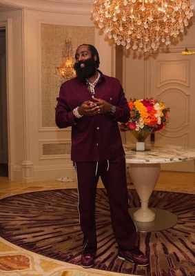 James Harden Wearing A Loewe Burgundy Overshirt And Trackpants With Lv Skate Sneakers