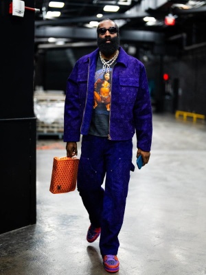James Harden Wearing A Louis Vuitton Purple Suede Jacket And Pants With Lv Trainer Sneakers And A Goyard Bag