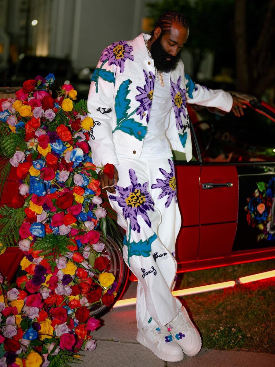 James Harden Posing In a Louis Vuitton White Floral Outfit With Chunky Sneakers