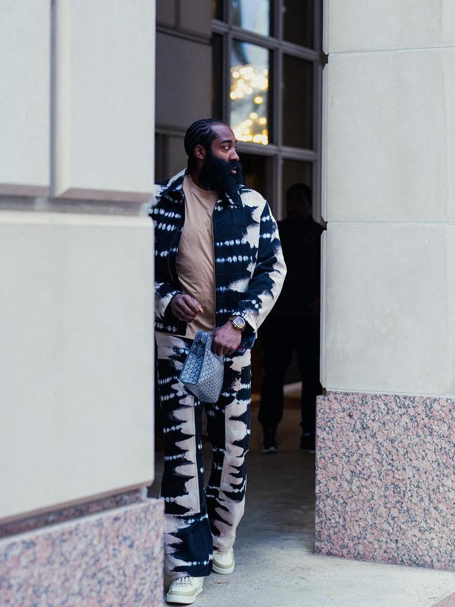 James Harden Wearing a Louis Vuitton Tie-Dye Outfit With a Goyard Bag