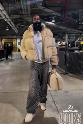 James Harden Wearing A Lv Shearling Puffer And Bag With Crystal Jeans And Beige Sneakers