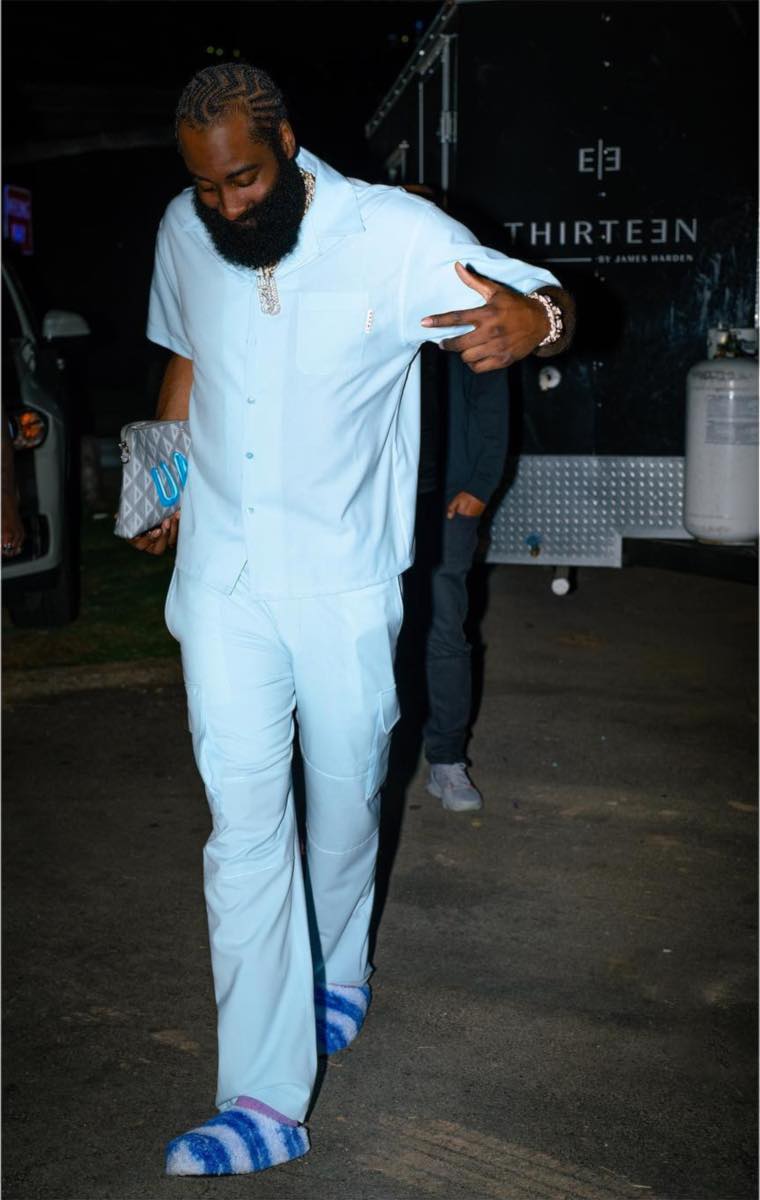 James Harden Wearing a Light Blue Shirt & Cargo Pants With Striped Slip-Ons