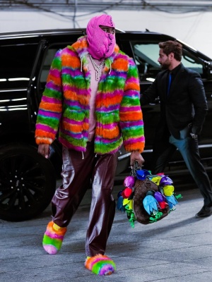 James Harden Wearing A Marni Pink Ski Mask With A Striped Mohair Hoodie And Slippers Purple Sweater And Louis Vuitton Bag