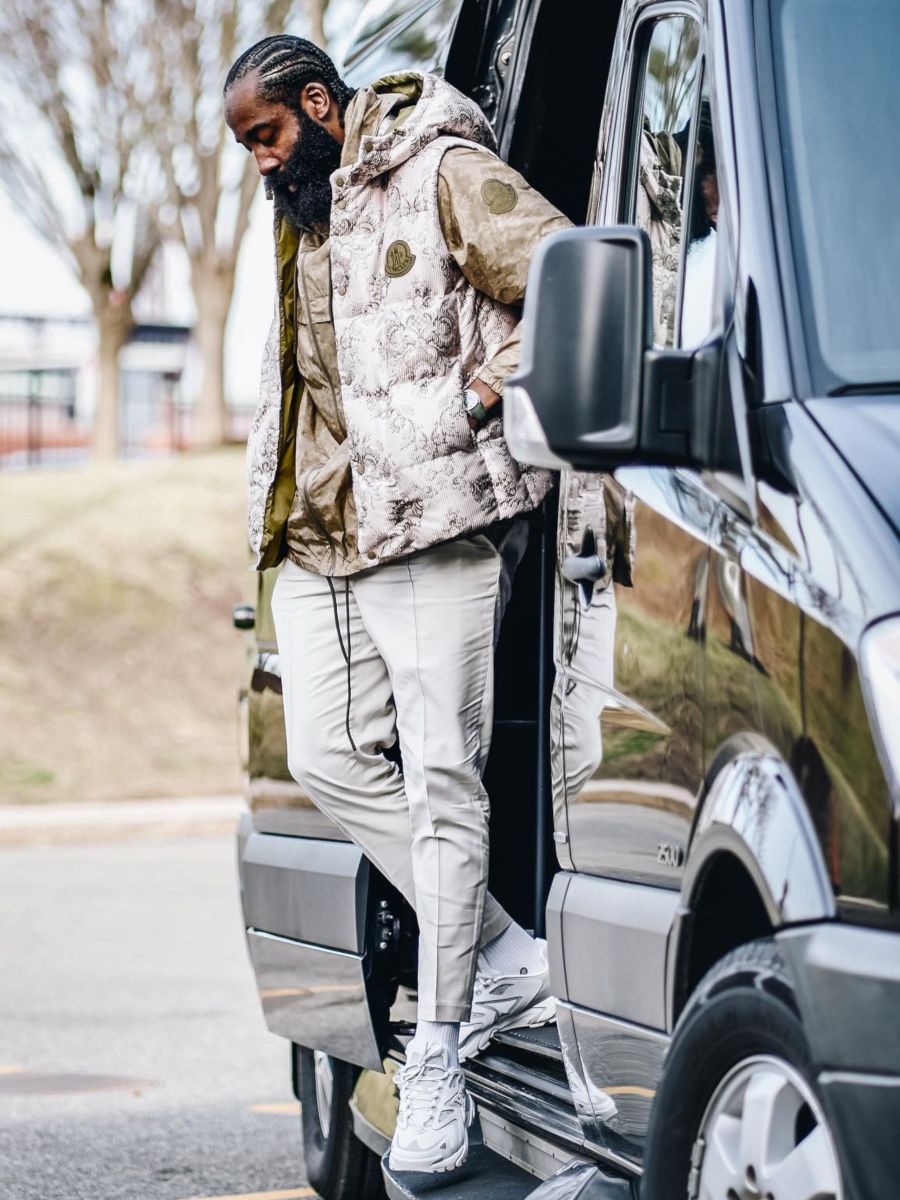 James Harden Wearing a Moncler Vest and Windbreaker With Louis Vuitton Sneakers