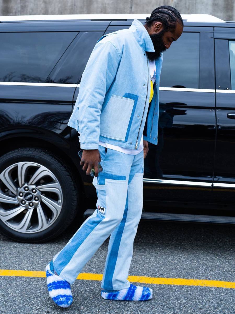 James Harden Wearing a Blue Carpenter Jacket & Pants With Marni Mules