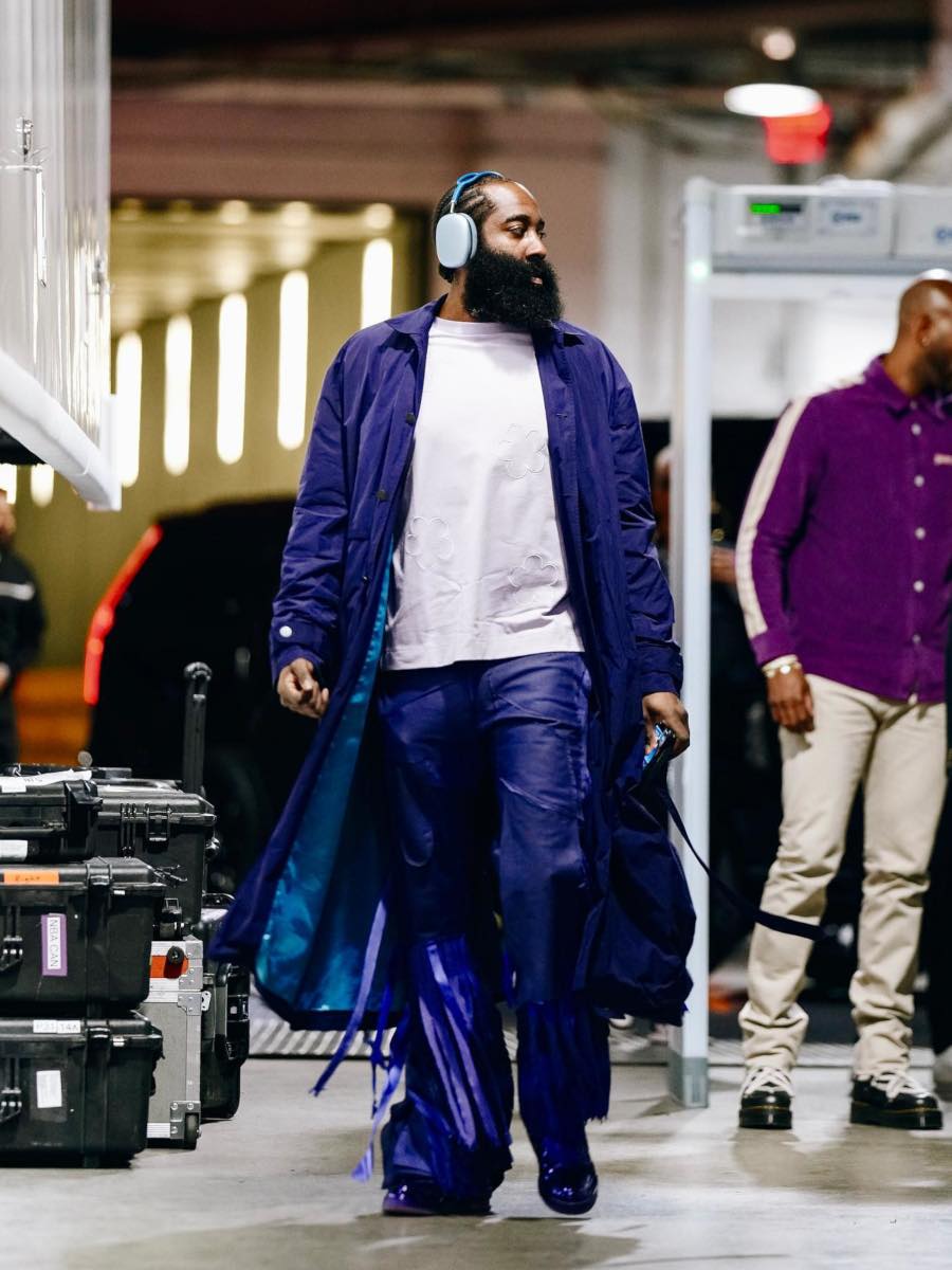 James Harden Wearing an All Purple Trench Coat & Fringed Pants Outfit