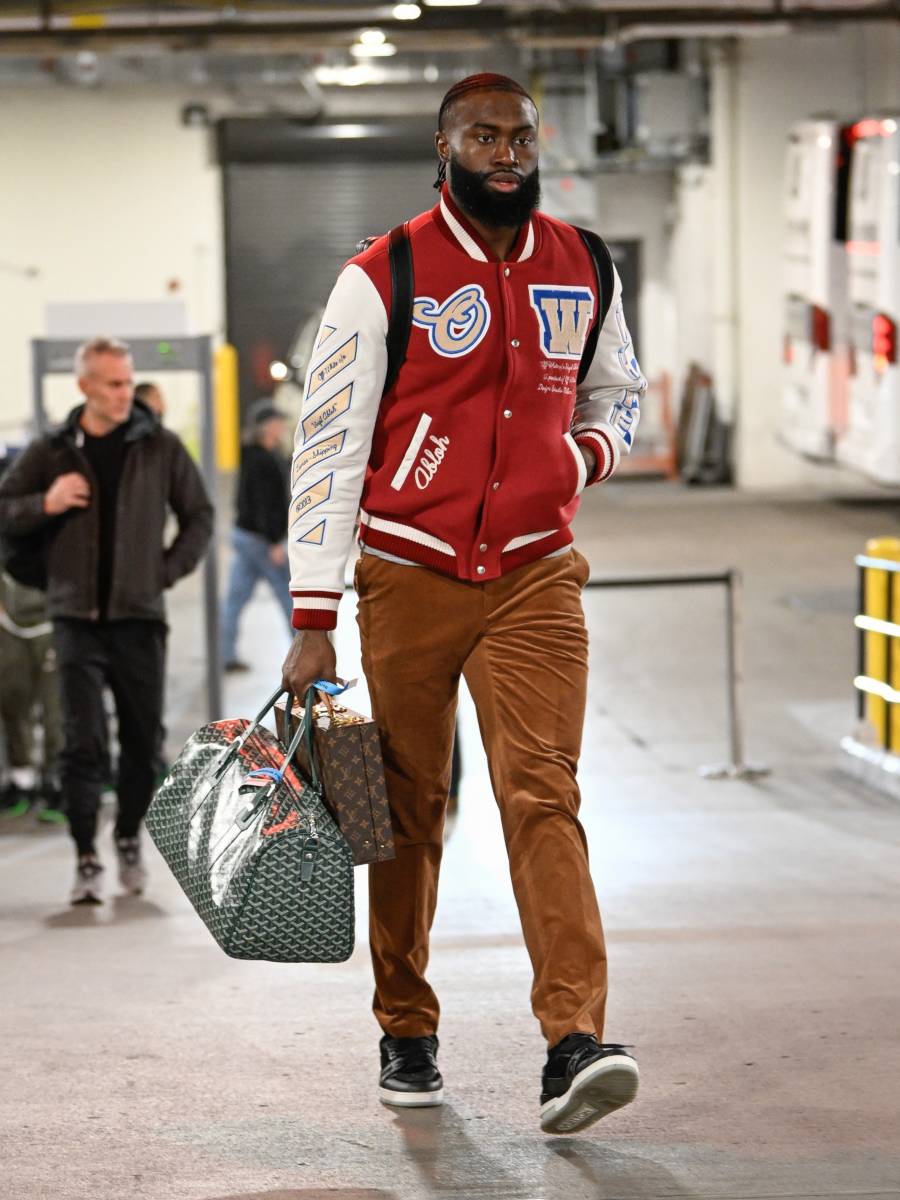 Jaylen Brown Off White Red Varsity Jacket Louis Vuitton Sneakers Goyard Duffle Bag INC STYLE