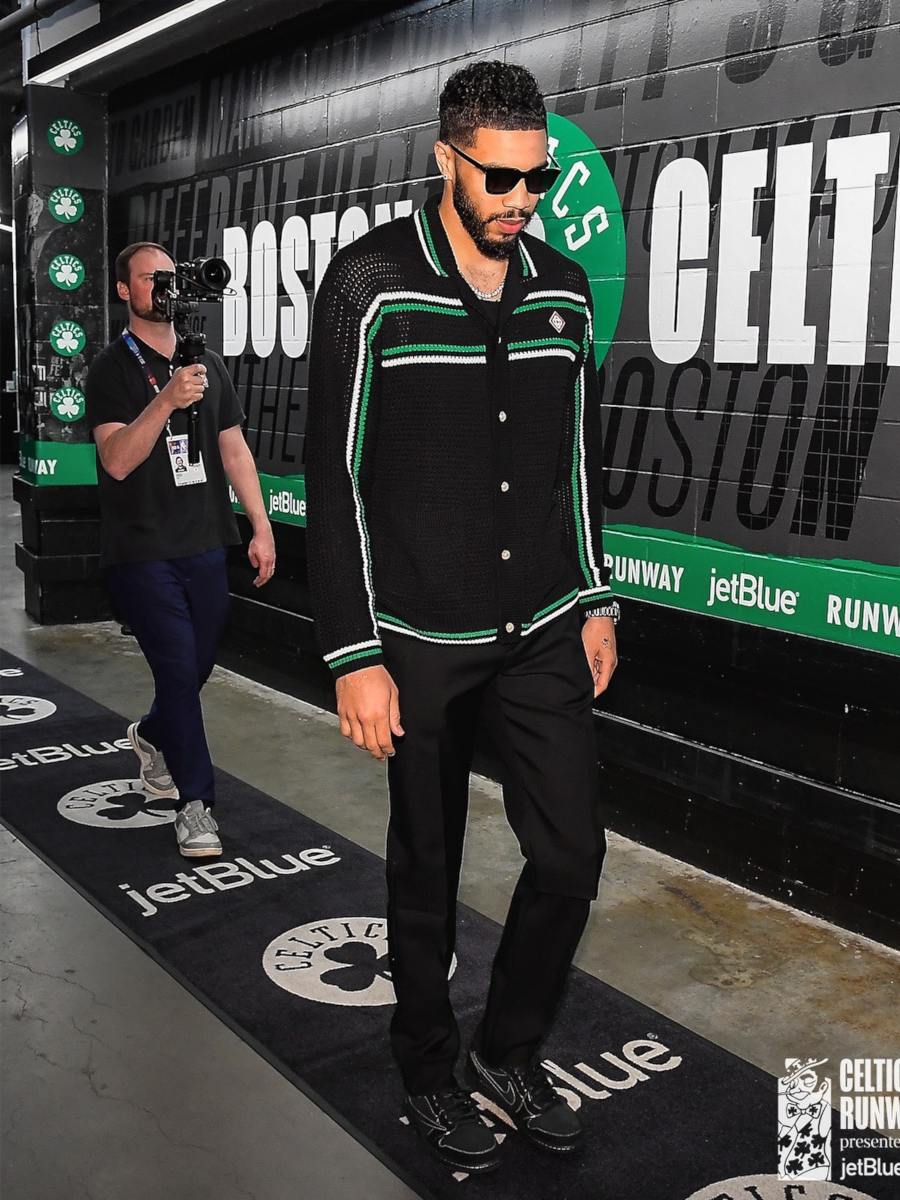 Jayson Tatum: Black Square Sunglasses, Black and Green Stripe Knit Shirt, Jordan 1 Low Sneakers