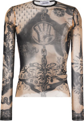 Beige 'Heraldry' Tattoo Print Top