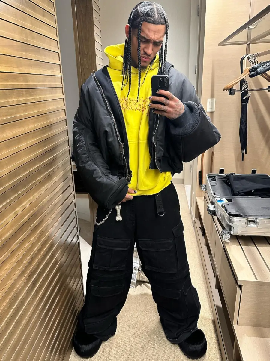 Jordan Clarkson Balenciaga Bomber Jacket Yellow Hoodie Cargo Pants Ski Boots