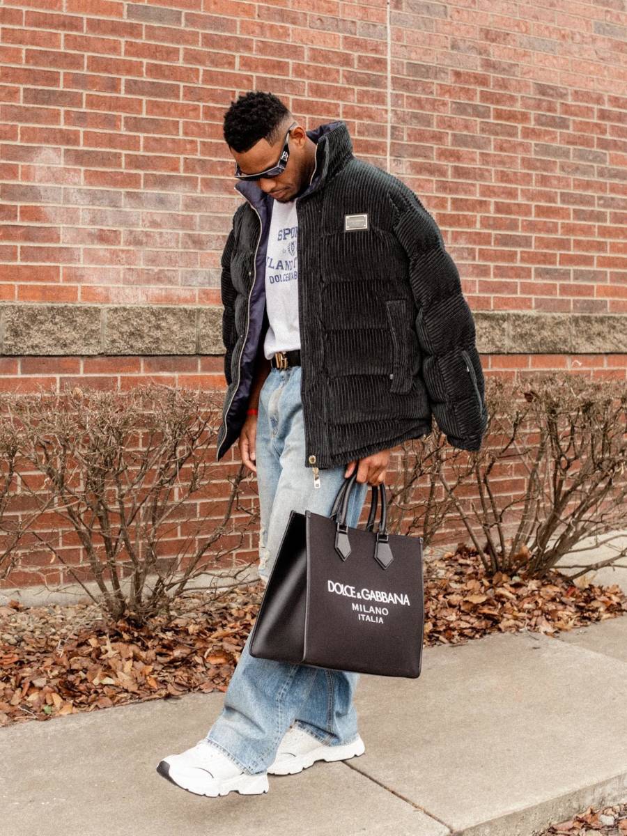 Juju Smith Wearing a Corduroy Puffer With Dolce & Gabbana Accessories & Sneakers
