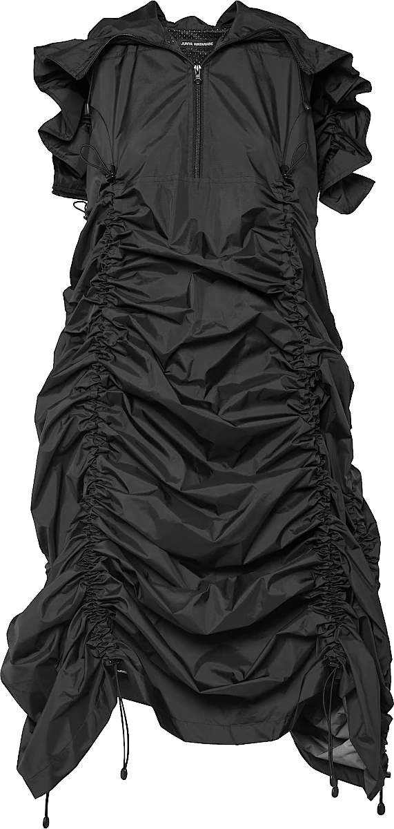 Junya Wantanabe Black Ruched Hooded Nylon Drawcord A Line Dress