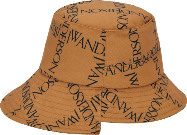 Jw Anderson Light Brown And Allover Black Logo Print Bucket Hat