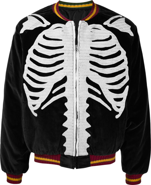 Kapital Black Velour Skeleton Bones Embroidered Bomber Jacket