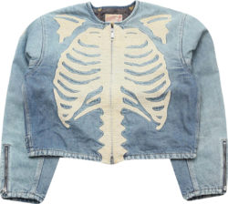 Kapital Light Wash Blue Denim Skeleton Bones Moto Jacket