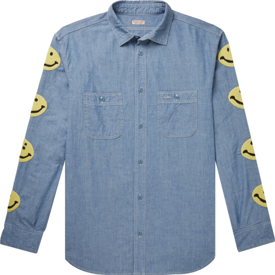 Kapital Smileyface Embroidered Blue Oxford Shirt