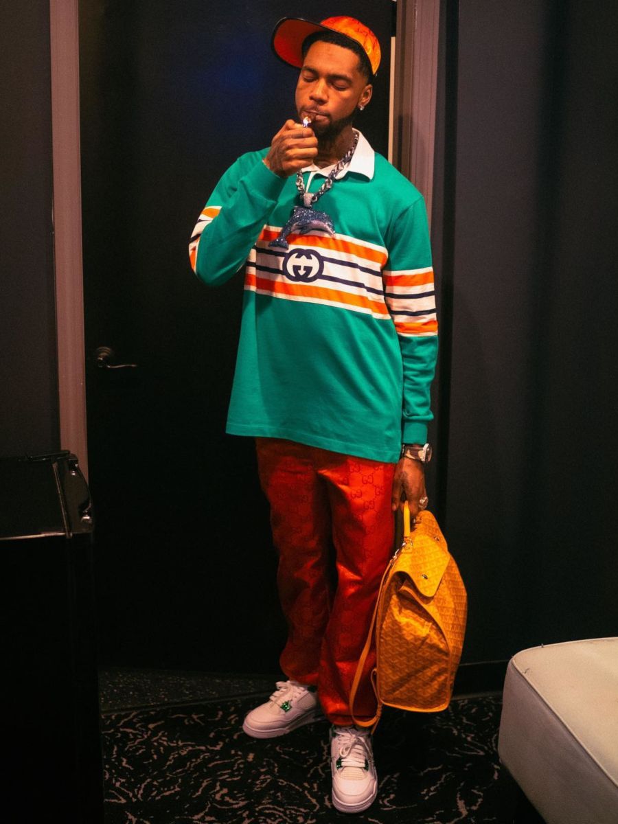 Key Glock Wearing a Full Orange & Green Gucci Outfit With a Goyard Backpack
