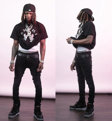 King Von: Black Beanie with Black Monogram Gradient T-Shirt and Black  Sneakers - Iconic Celebrity Outfits