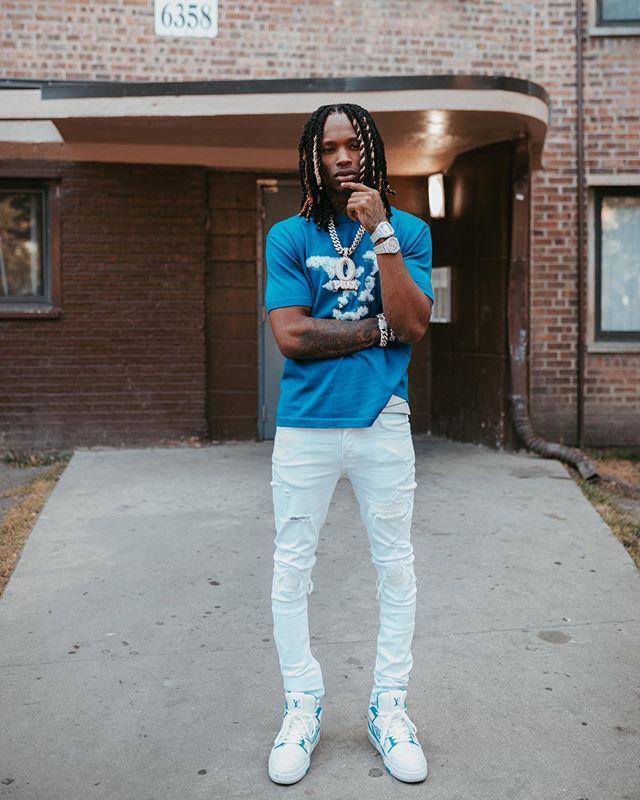 King Von Wearing a Matching LV Clouds Tee + Sneakers & Amiri Jeans