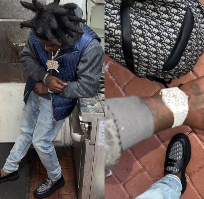 Kodak Black Wearing A Dior Blue Oblique Vest With A Grey Oblqieu Hoodie Jeans And Dior Black And Beige Oblique Loafers