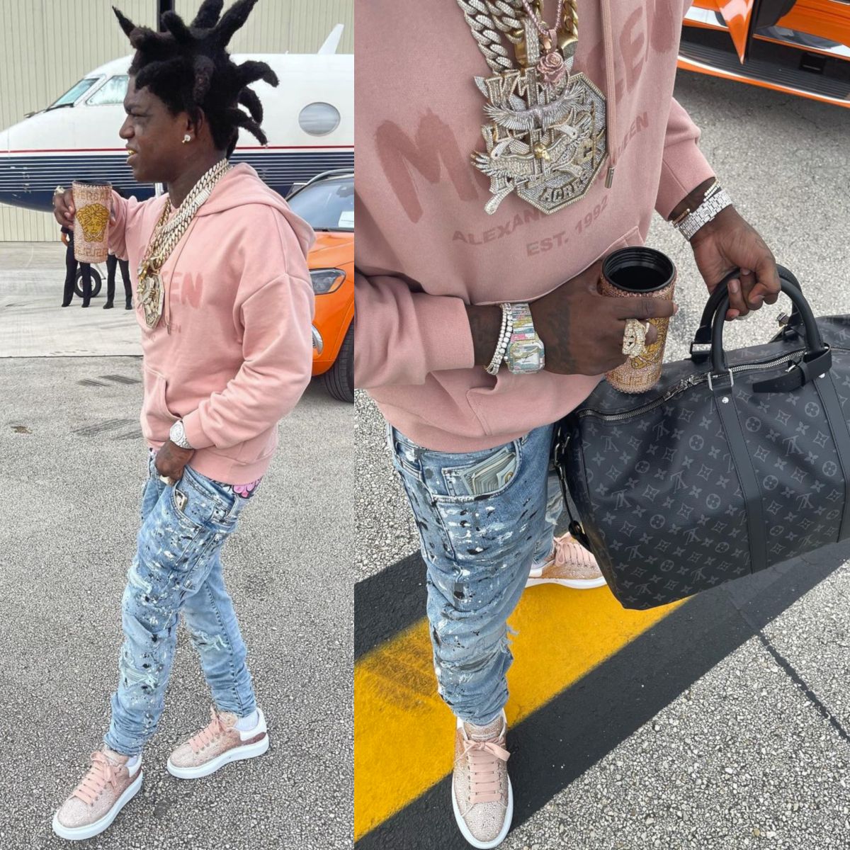 Kodak Black Wearing a Pink Alexander McQueen Outfit With a LV Bag
