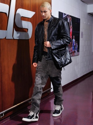 Kyle Kuzma Wearing A Balenciaga Leather Jacket And Bag With Rick Owens Sneakers