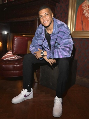 Kylian Mbappe Wearing A Purple Tie Dye Overshirt Jacket With A Hublot Watch And Nike Af1s