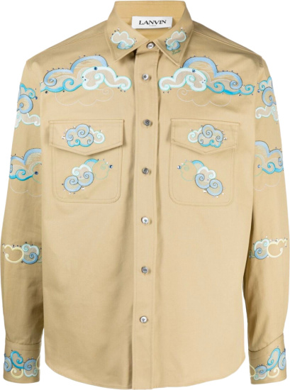 Lanvin Beige And Light Blue Cloud Embroiderd Shirt