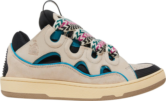 Lanvin Beige Black And Turquoise Trim Curb Sneakers