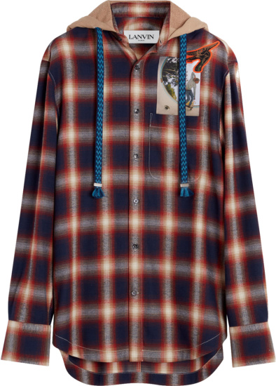 Lanvin Blue And Orange Check Hooded Shirt