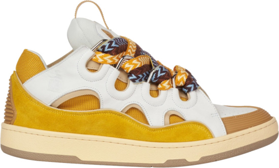 Lanvin Mens White And Golden Yellow Curb Sneakers