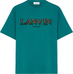 Lanvin Teal And Multicolor Zig Zag Curb Lace Logo T Shirt