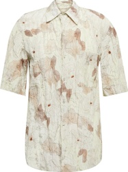 Lemaire Ivory And Brown Floral Print Wrinkled Linen Shirt