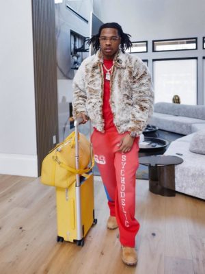Lil Baby Cream Fur Jacket Red 69 Print Sweatpants Timberland Boots Louis Vuitton Bags