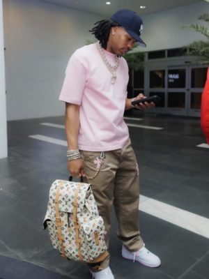 Lil Baby New Era Yankees Hat Pink Tee Chrome Hearts Pants Louis Vuitton Backpack Nike Sneakers