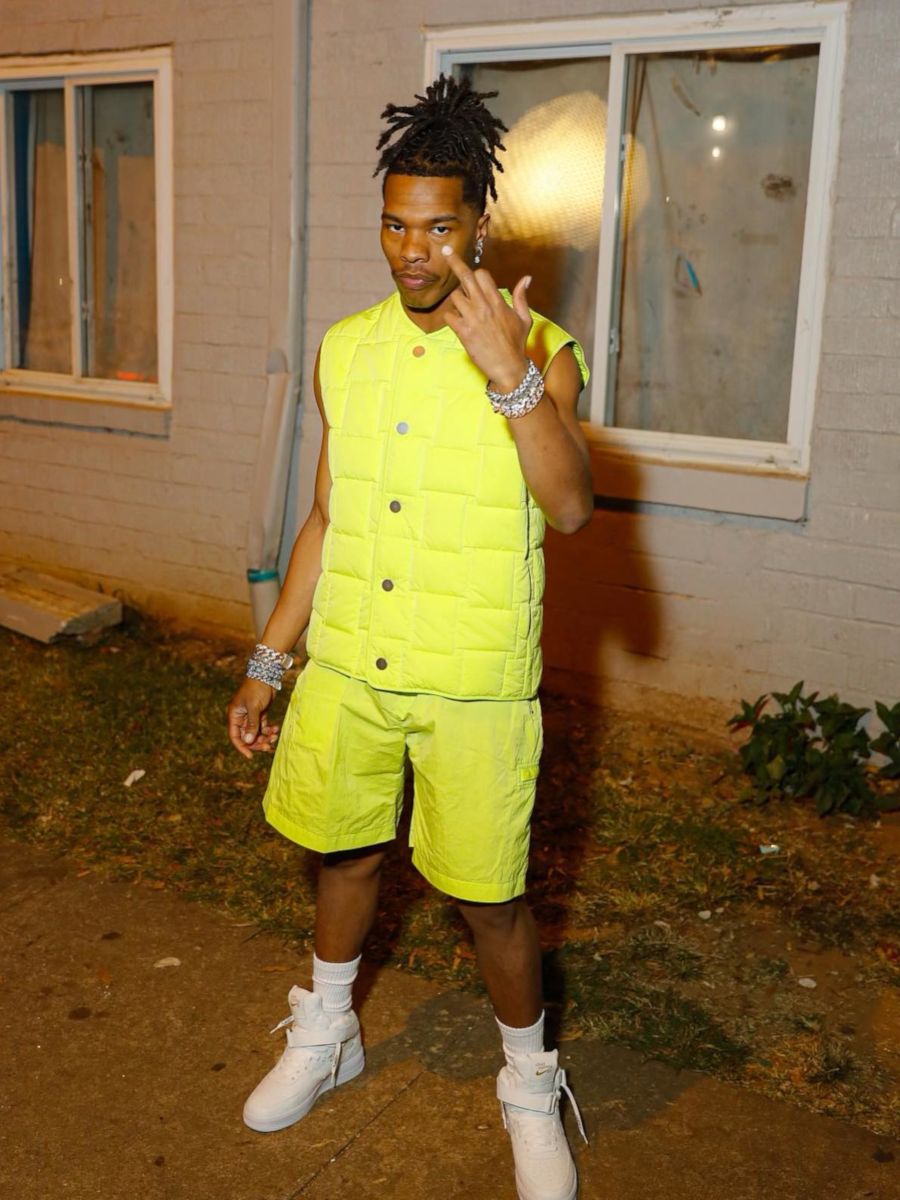 Lil Baby Wearing an Acid Green Vest & Shorts With Nike x Louis Vuitton AF1s