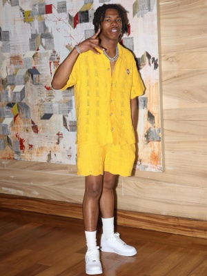 Lil Baby Wearing A Casablanca Yellow Crochet Knit Shirt And Shorts With Nike Air Force 1 Low Top Sneakers