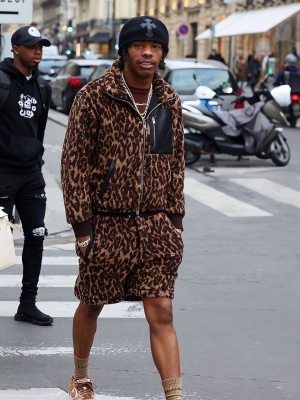 Lil Baby Wearing A Chrome Hearts Beanie With An Amiri Leopard Fleece Jacket And Shorts Balenciaga Socks And Nike Dunk Sneakers