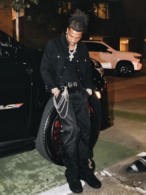 Lil Baby Wearing A Chrome Hearts Black Overshirt Leather Belt And Cargo Pants