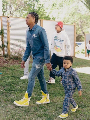 Lil Baby Wearing A Dior X Shawn Denim Shirt And Jeans With Rick Owens Yellow Sneakers
