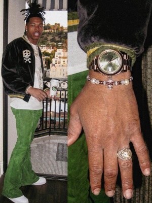 Lil Baby Wearing A Kapital Velvet Bomber Jacket With Green Suede Pants A Rolex Watch And Nike Air Force 1s