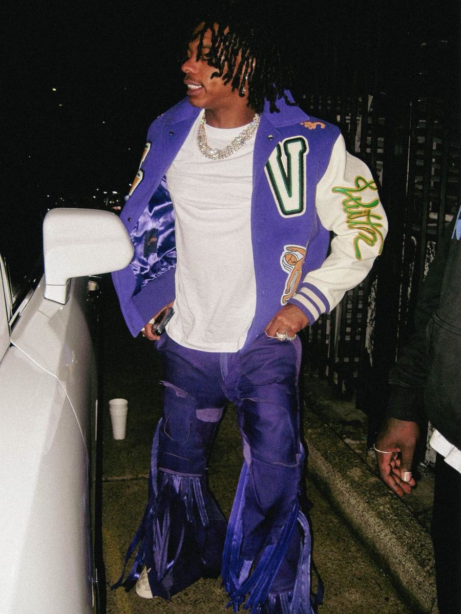 Lil Baby Wearing a LV Purple Jacket & AF1 Sneakers With Fringed Pants