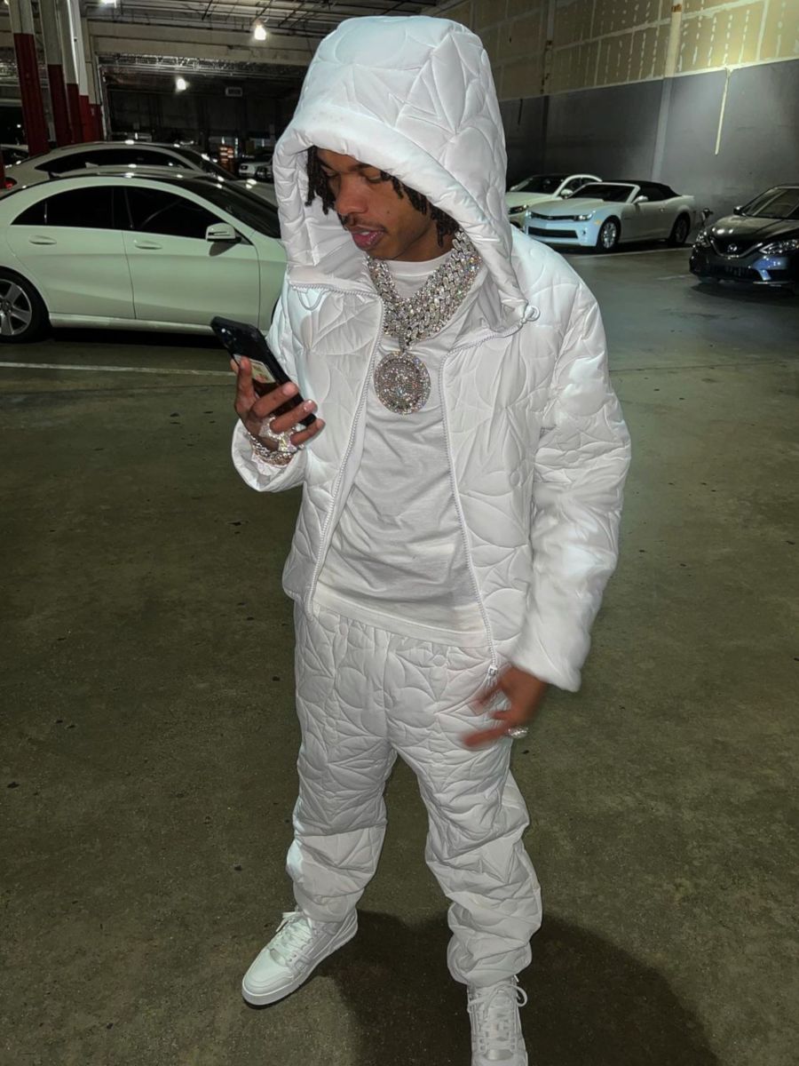 Lil Baby Wearing an All White Louis Vuitton Monogram Outfit & Sneakers