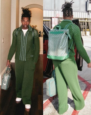 Lil Baby Wearing A Marni Dark Green Knit Cardigan With Knit Pants And A Goyard Bag